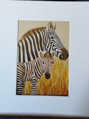 Mama & Baby Zebra Art Painting  by Jack E. Stiddard Sz.5x7 on an 8x10 Matted